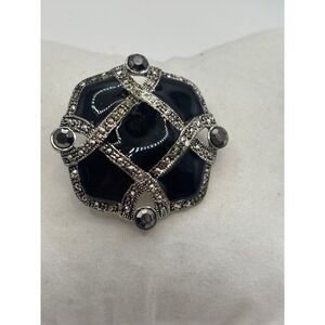 Vintage Art Deco Style Black Enamel Marcasite Brooch Pendant Silver Tone